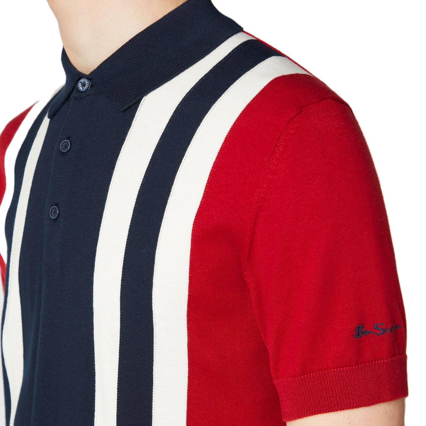 BEN SHERMAN 60s Mod Stripe Knit Colour Block Polo in Red