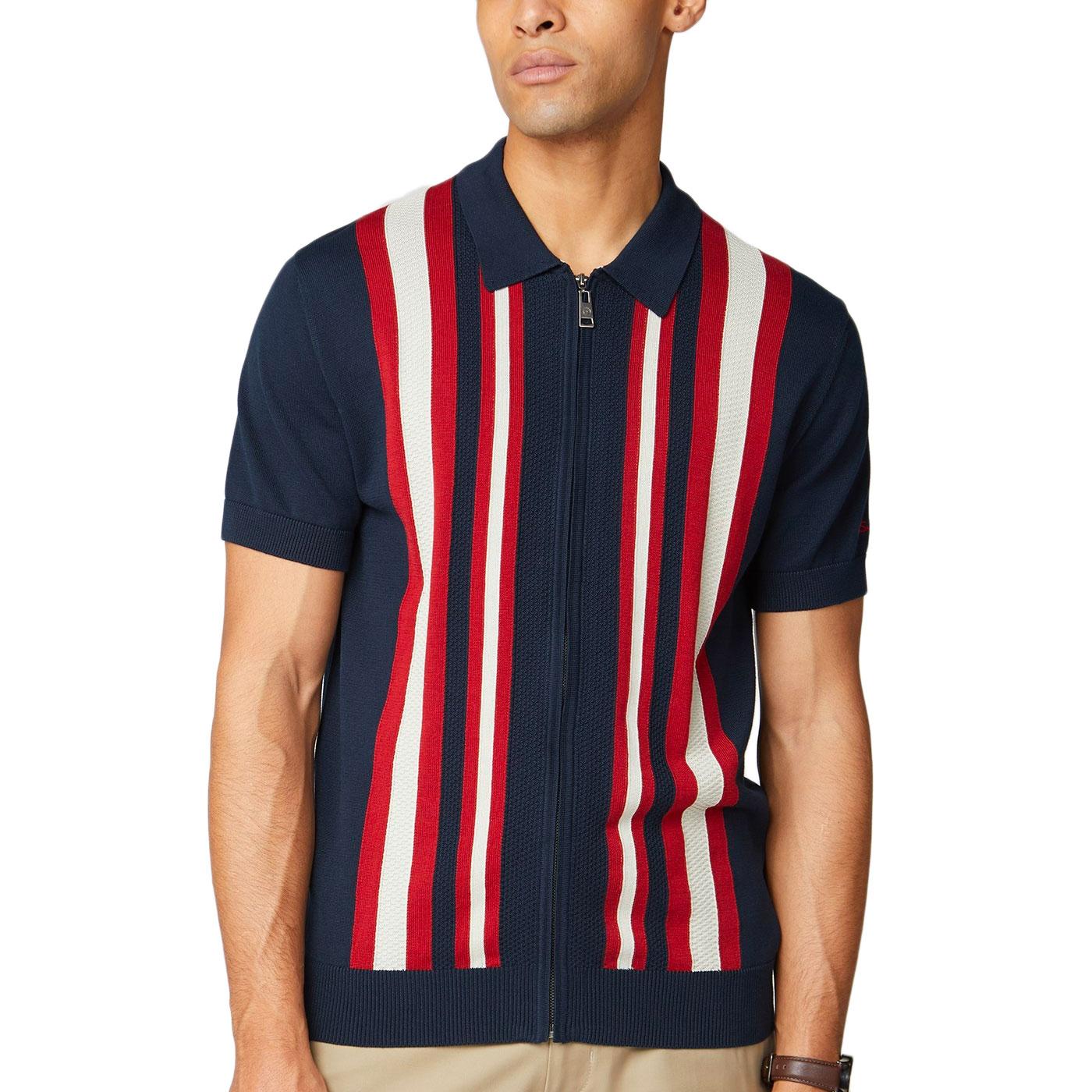 BEN SHERMAN Mod Textured Stripe Knit Zip Through Polo Top