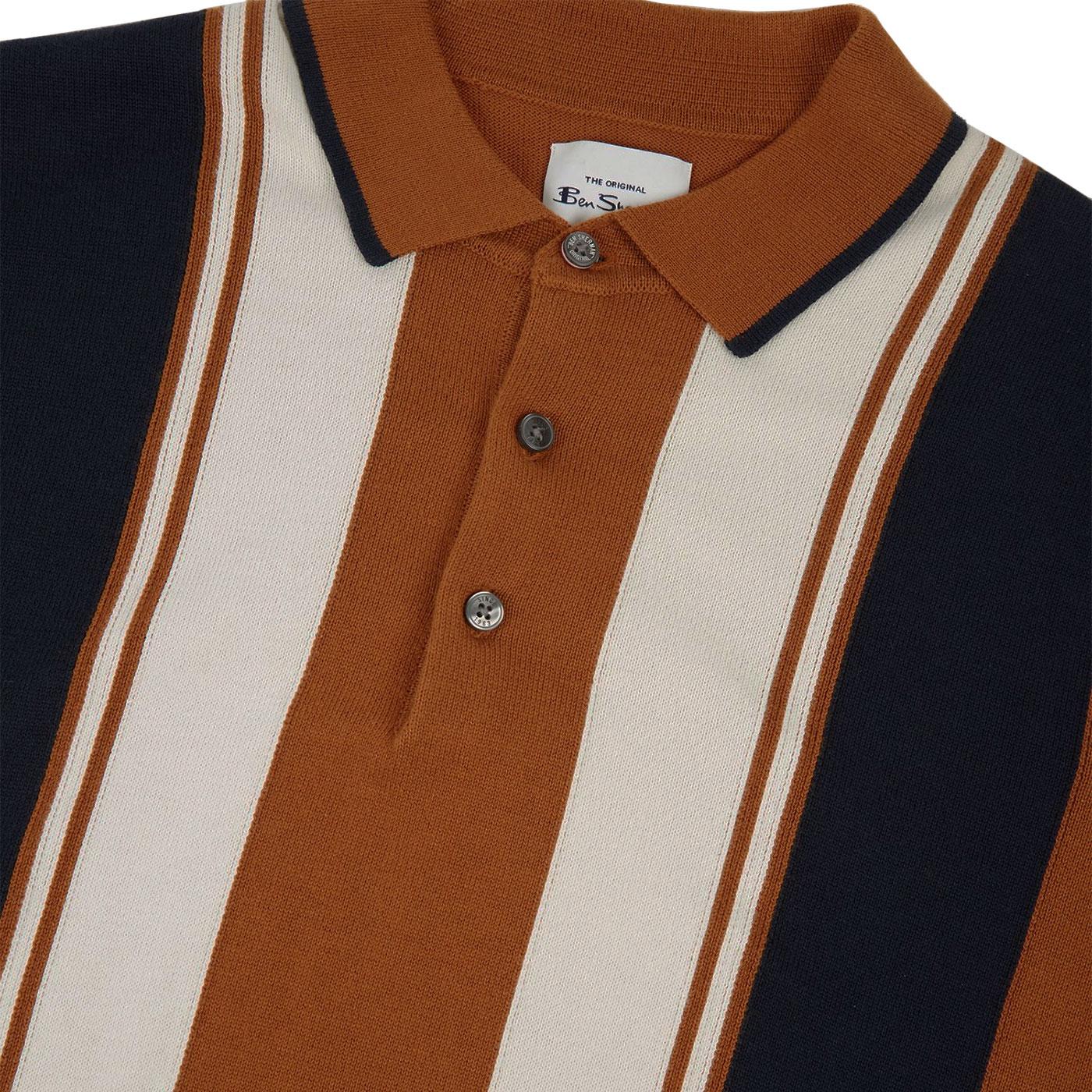 BEN SHERMAN Retro Knitted Mod Stripe Polo Shirt in Caramel