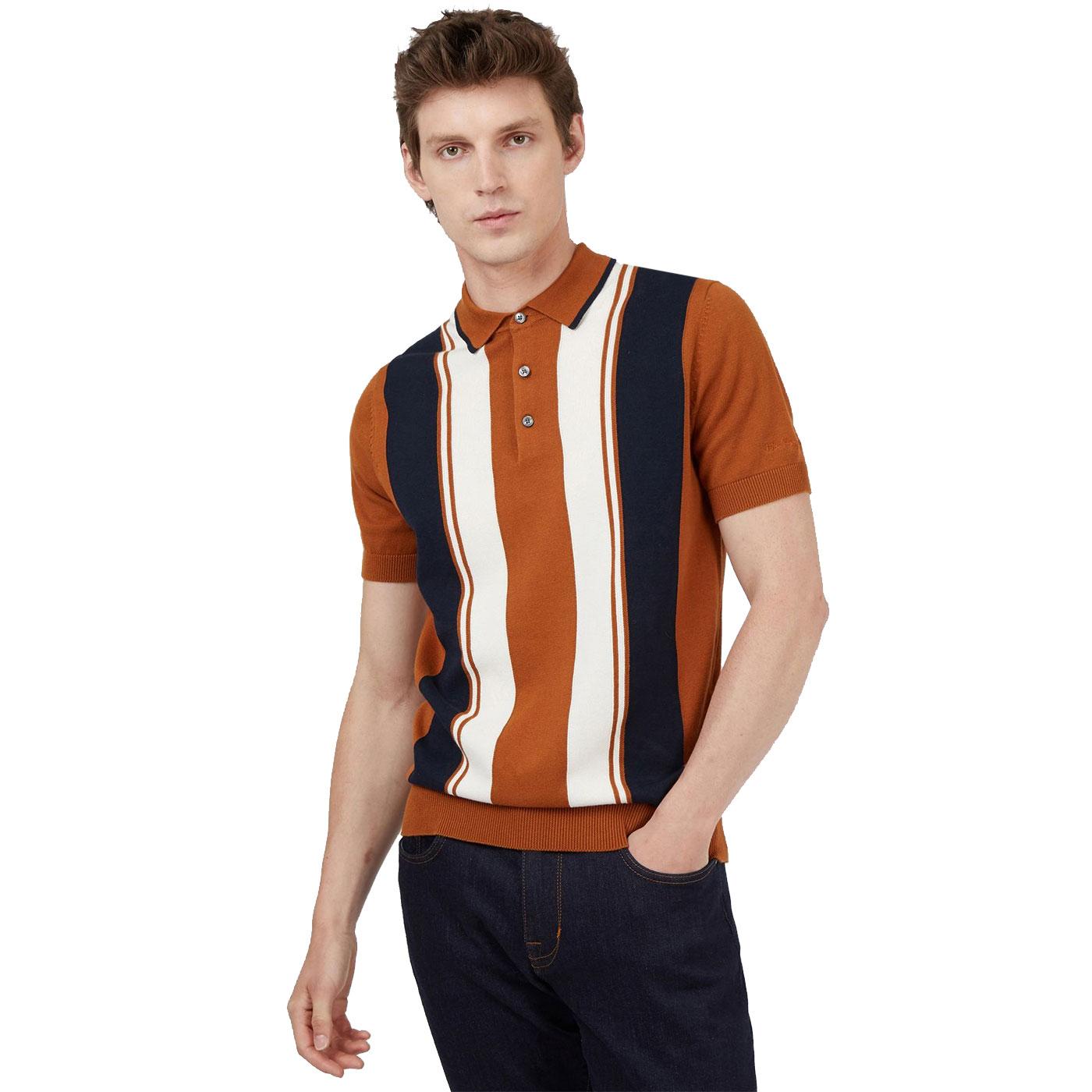 BEN SHERMAN Retro Knitted Mod Stripe Polo Shirt in Caramel