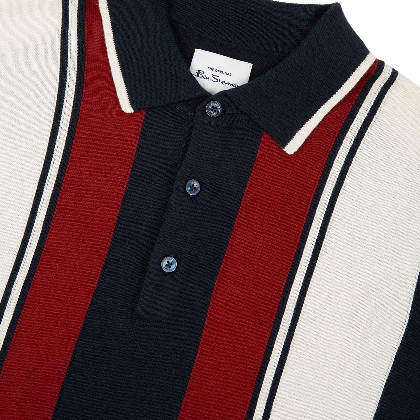 BEN SHERMAN Retro Knitted Mod Stripe Polo Shirt in Dark Navy