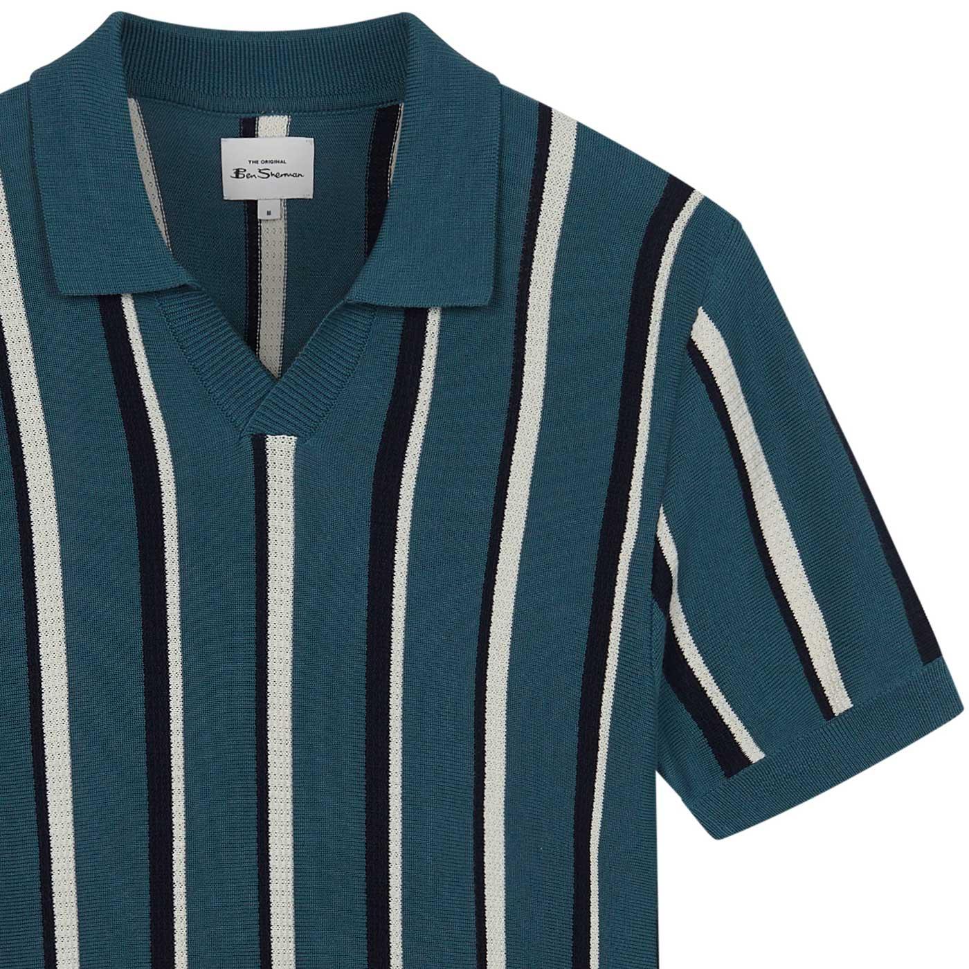 Ben Sherman Vertical Stripe Open Neck Retro Polo Shirt in Teal