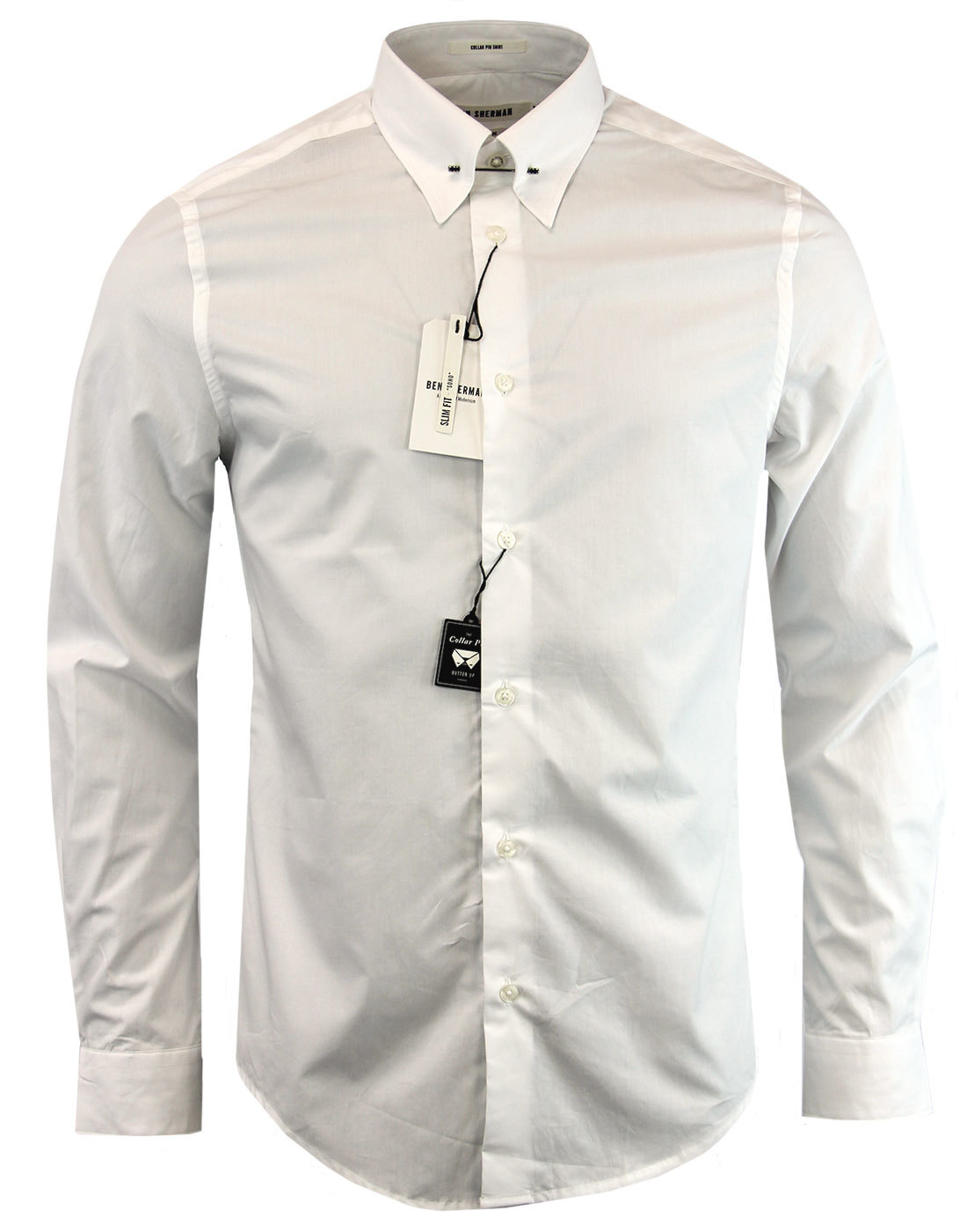 BEN SHERMAN Retro 1960s Mod Pin Collar Shirt WHITE
