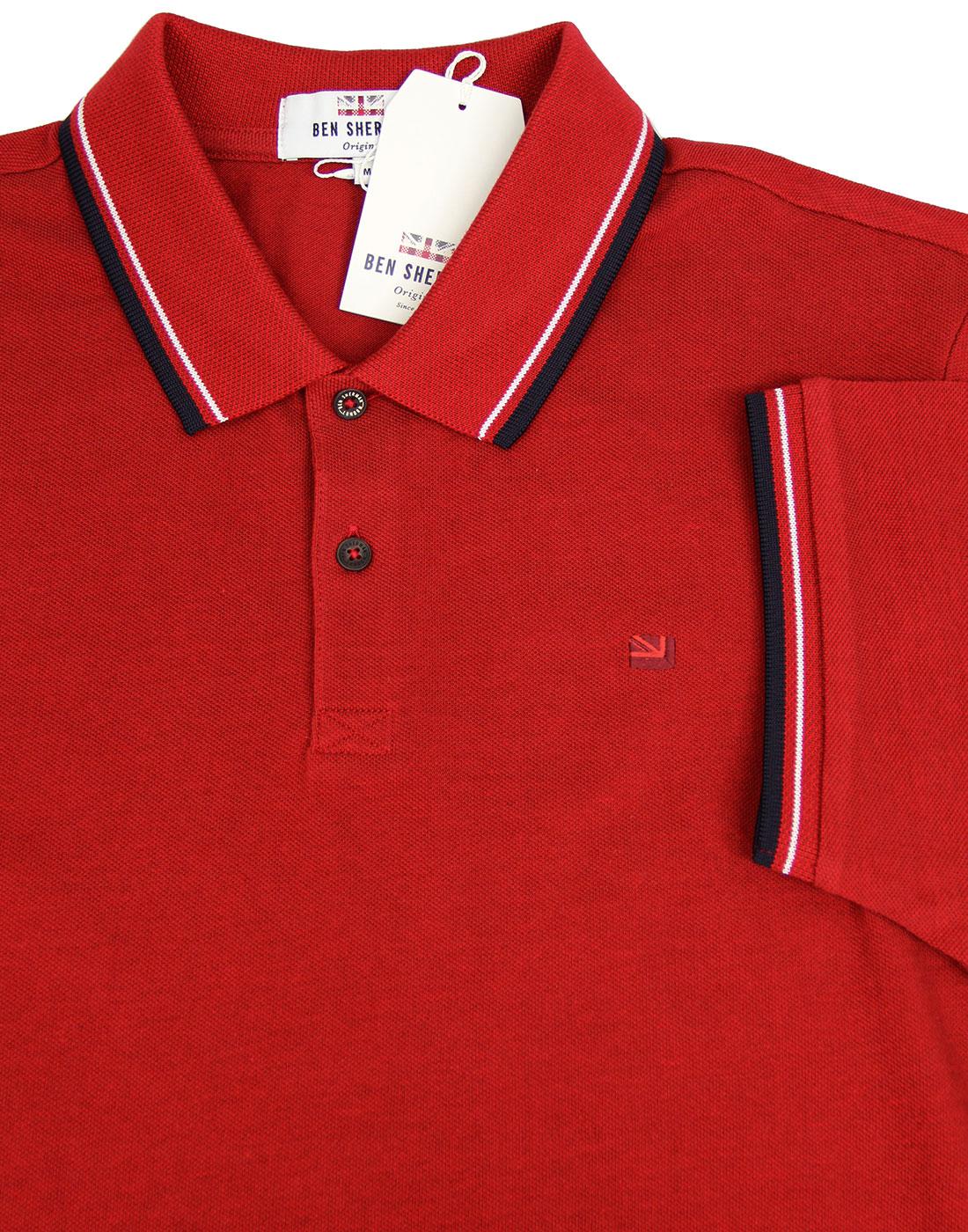 BEN SHERMAN Romford Retro Tipped Pique Polo Top in Red