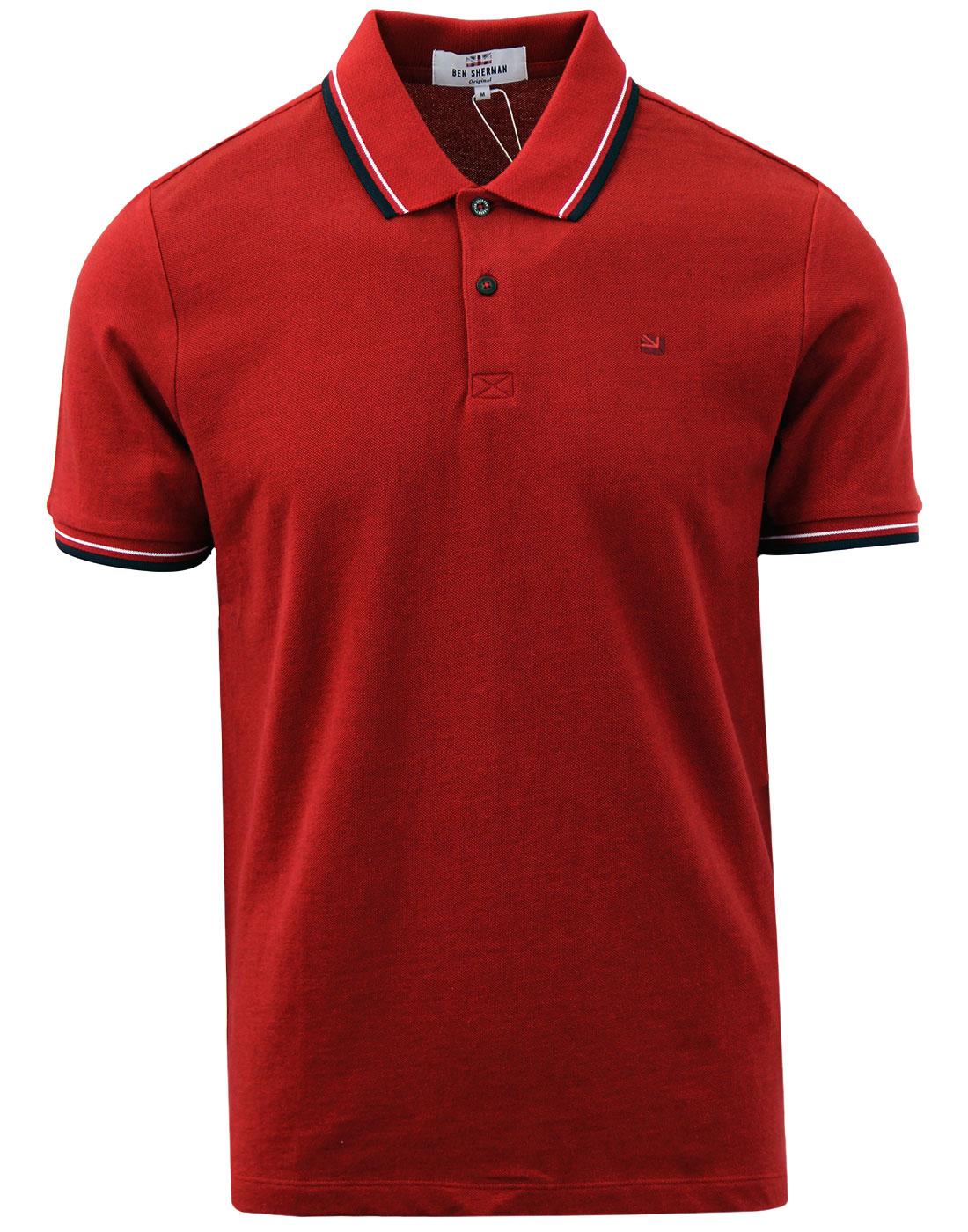 BEN SHERMAN Romford Retro Tipped Pique Polo Top in Red