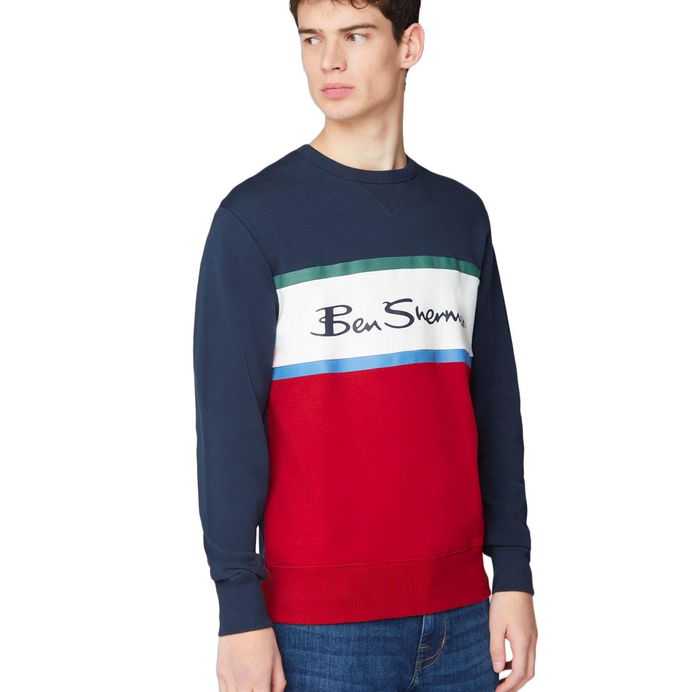 BEN SHERMAN Retro 90s Colour Block Logo Sweatshirt Navy