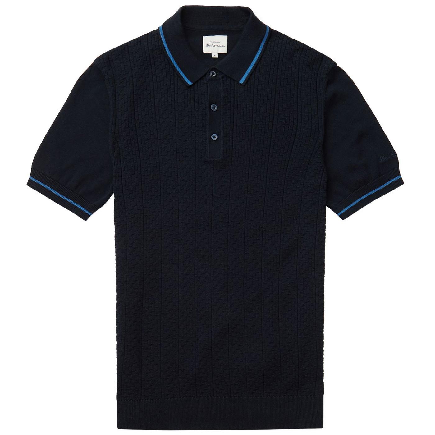 BEN SHERMAN Mod Knitted Texture Front Polo in Dark Navy