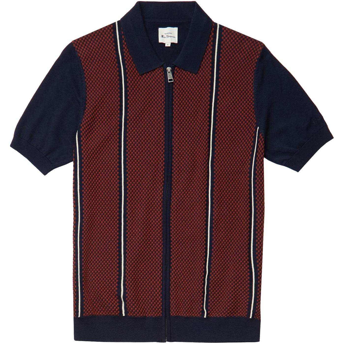 BEN SHERMAN Mod Knitted Jacqaurd Zip Through Polo