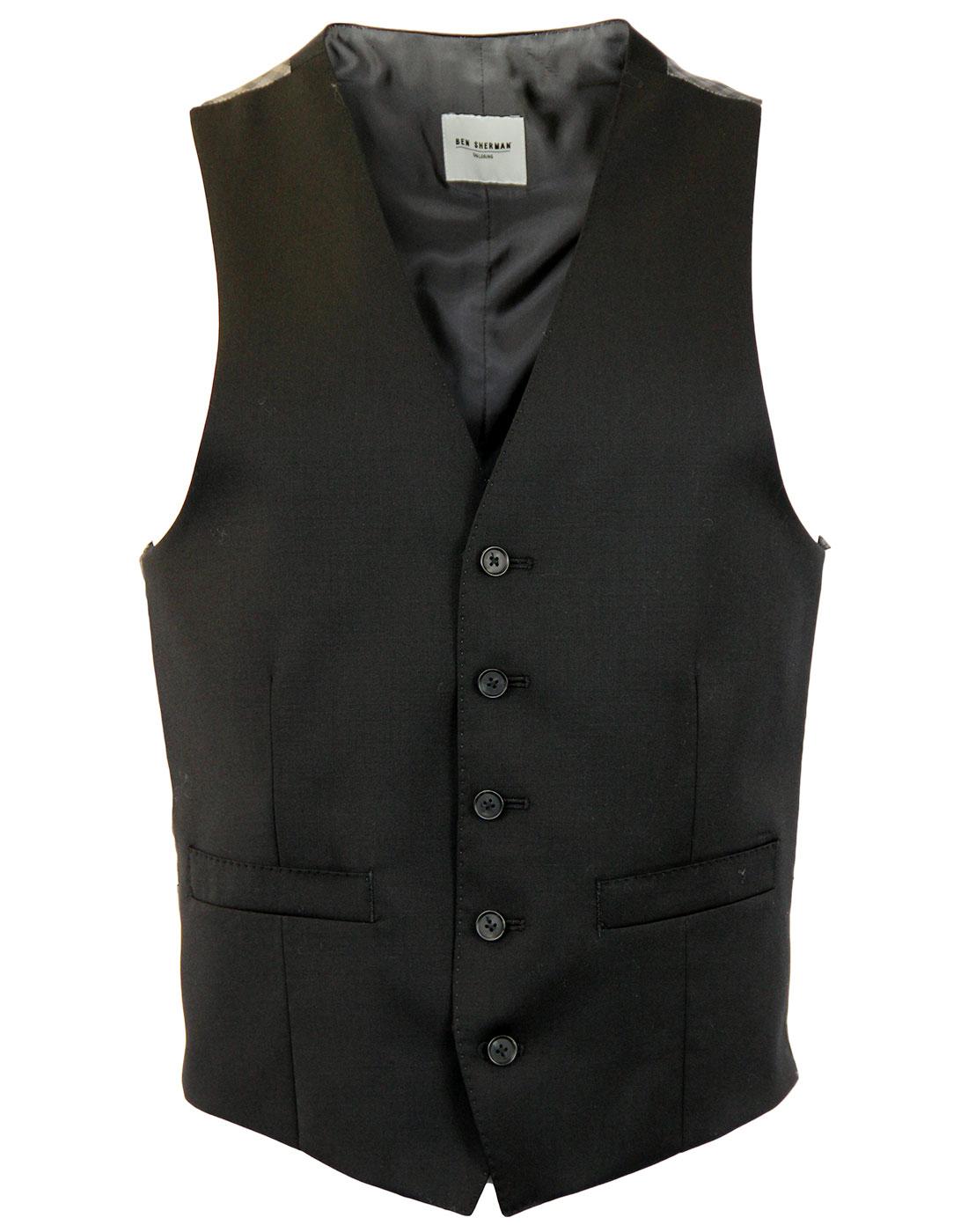 BEN SHERMAN Tailoring Retro 1960s Mod 5 Button Waistcoat in Black