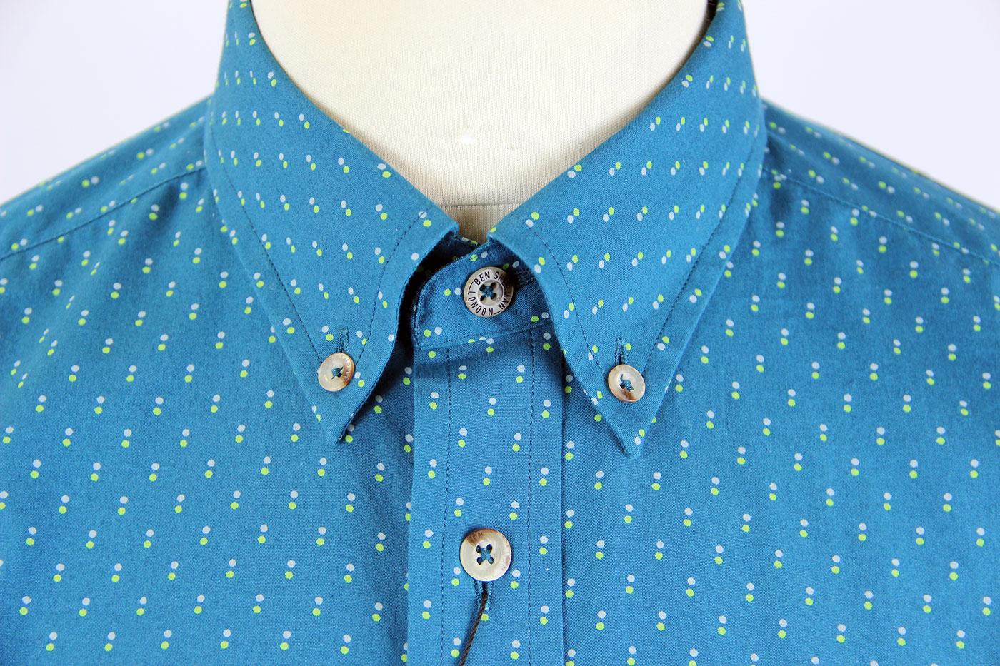 BEN SHERMAN Spot Print Retro 60s Mod Button Down Shirt Poseidon