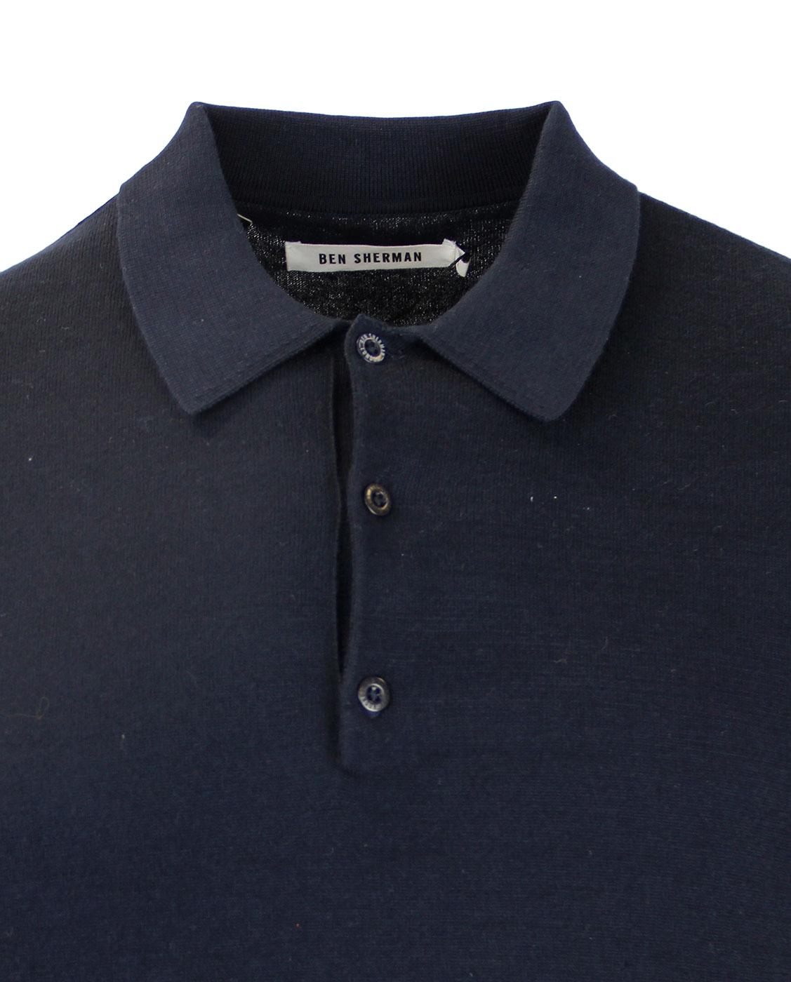 BEN SHERMAN Retro Mod Knitted Long Sleeve Polo Shirt in Navy