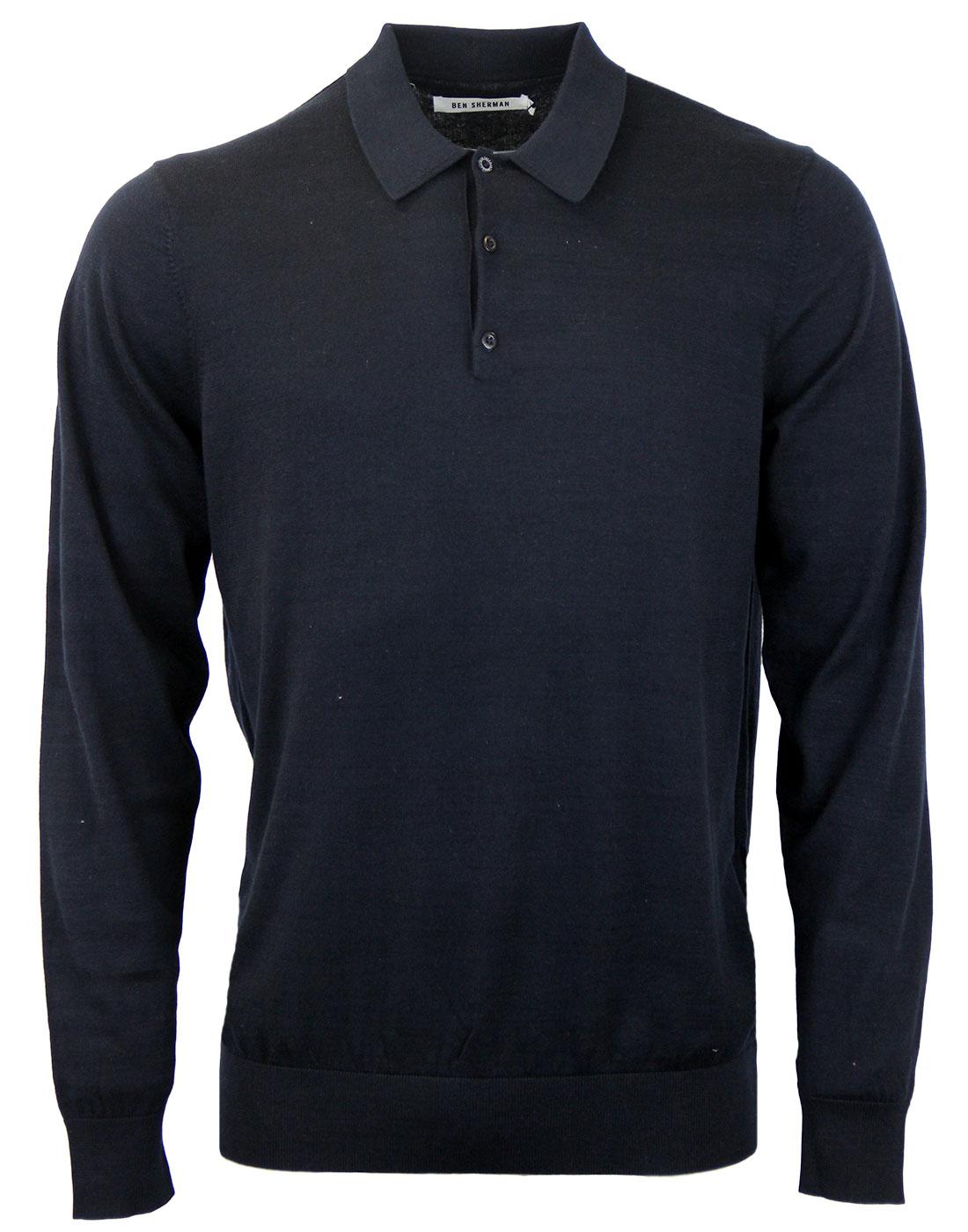 BEN SHERMAN Retro Mod Knitted Long Sleeve Polo Shirt in Navy