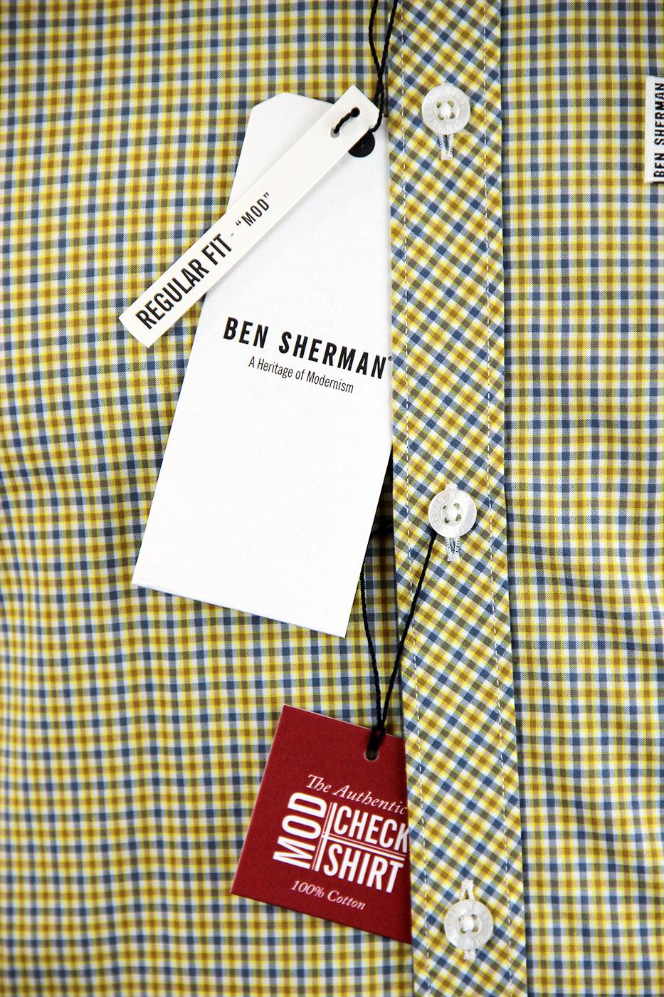 BEN SHERMAN Mini Mod Check Retro 60s Button Down Shirt Lemon