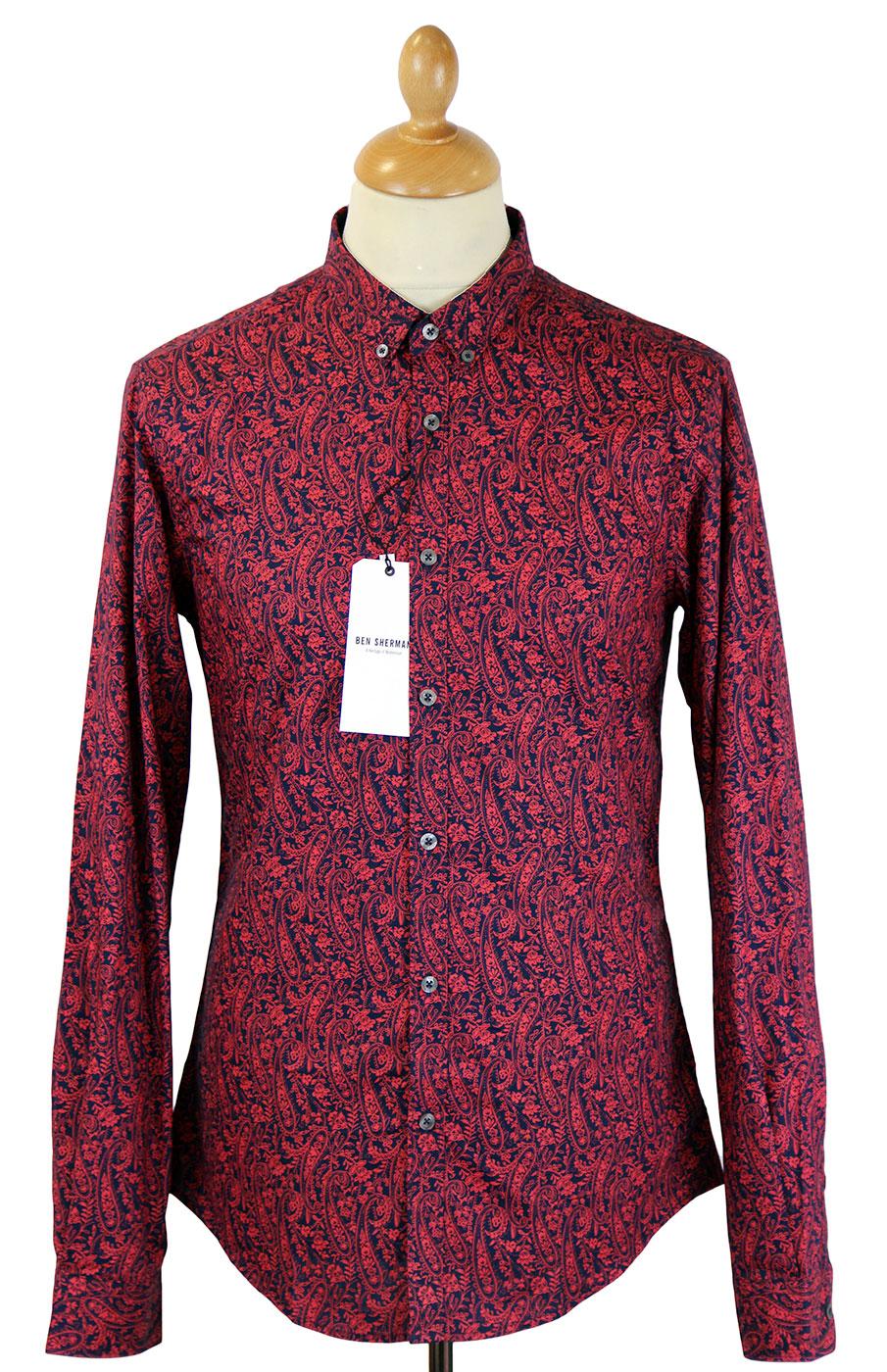 Navy//Red Paisley Cotton Long Sleeved Retro Mod Button Down Shirts …