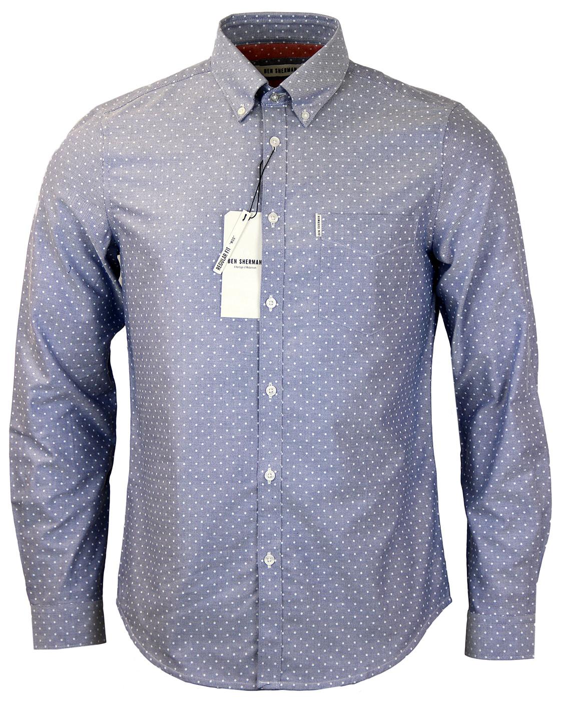 BEN SHERMAN Retro 60s Mod Oxford Polka Dot Shirt in Washed Blue