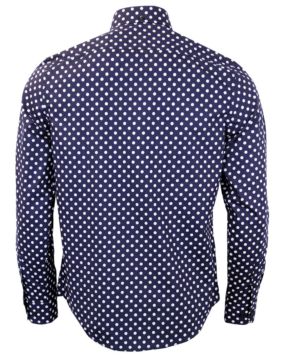 BEN SHERMAN 1960s Mod Large Polka Dot Retro Navy Shirt