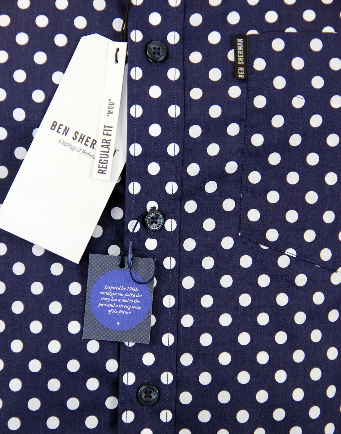 BEN SHERMAN 1960s Mod Large Polka Dot Retro Navy Shirt