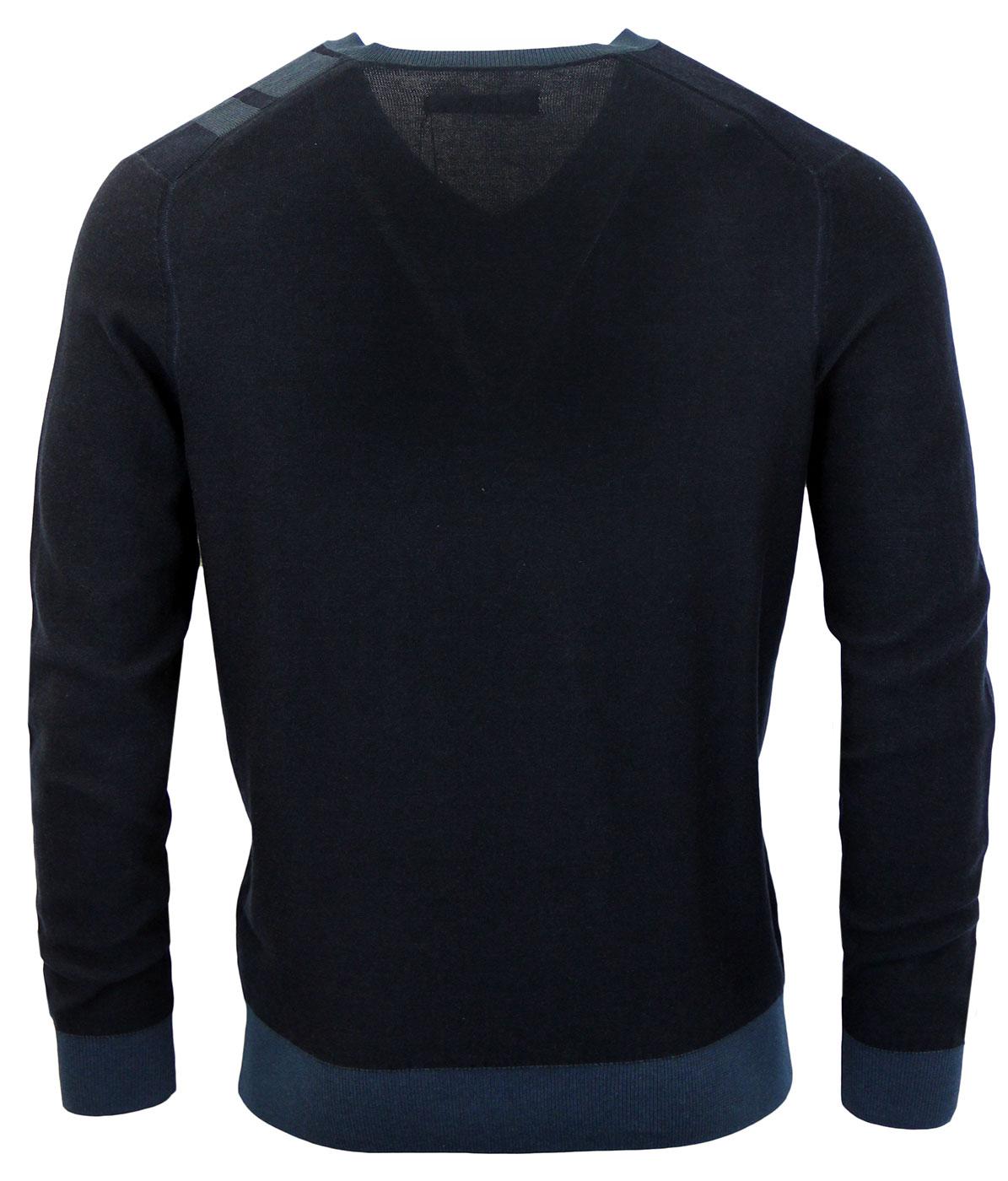 BEN SHERMAN Retro 60s Mod Plaited V-Neck Racing Jumper in Navy