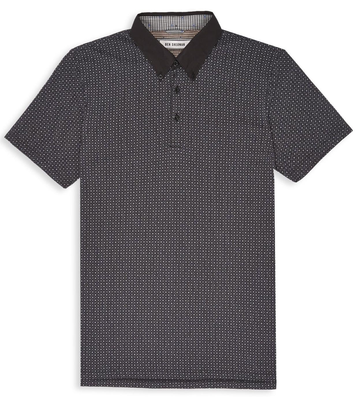 BEN SHERMAN Retro Mod Geometric Tile Print Polo Shirt in Black