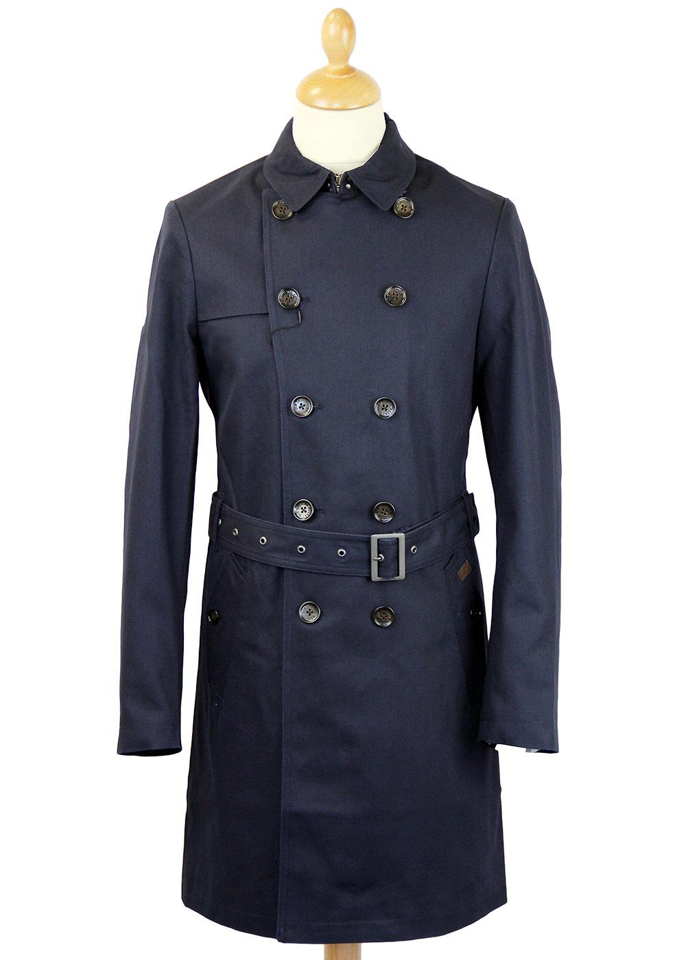 Ben Sherman Retro Mod Double Breasted Twill Trench Coat Navy