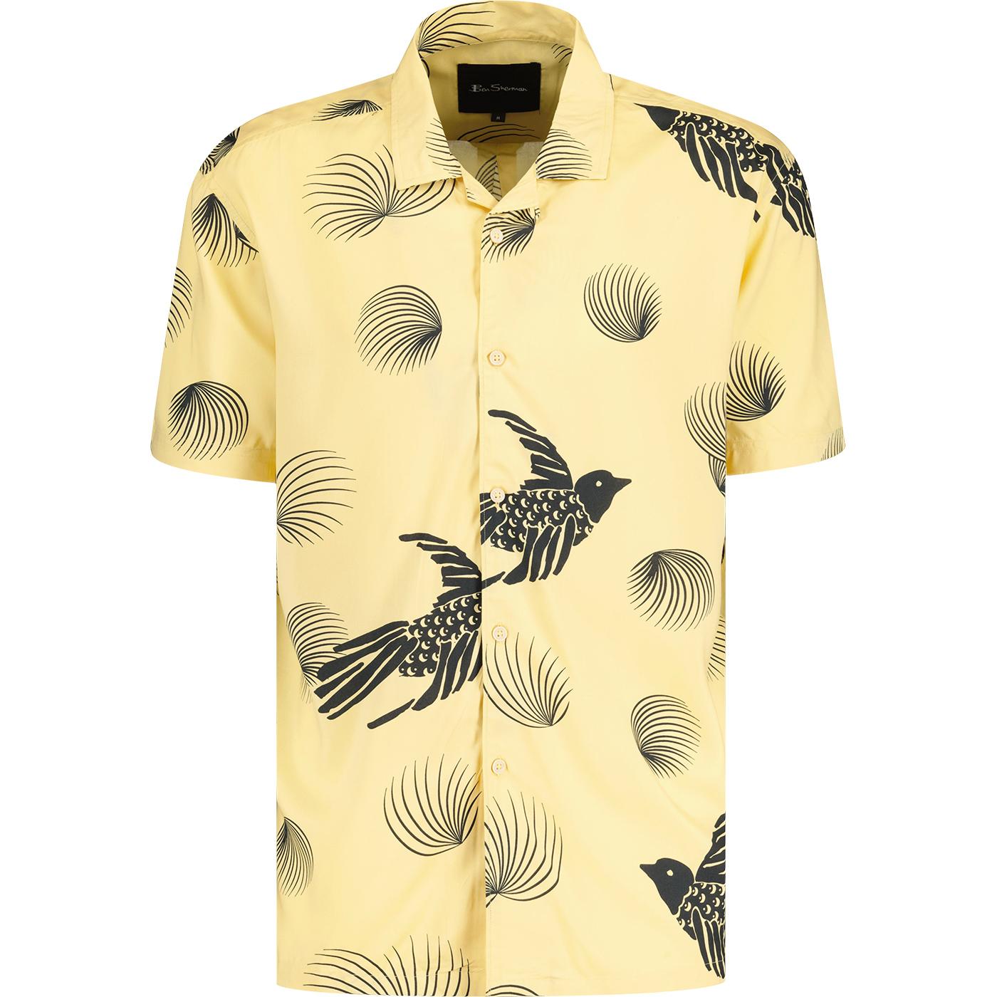 Ben Sherman Bird Print Retro Cuban Collar Shirt L