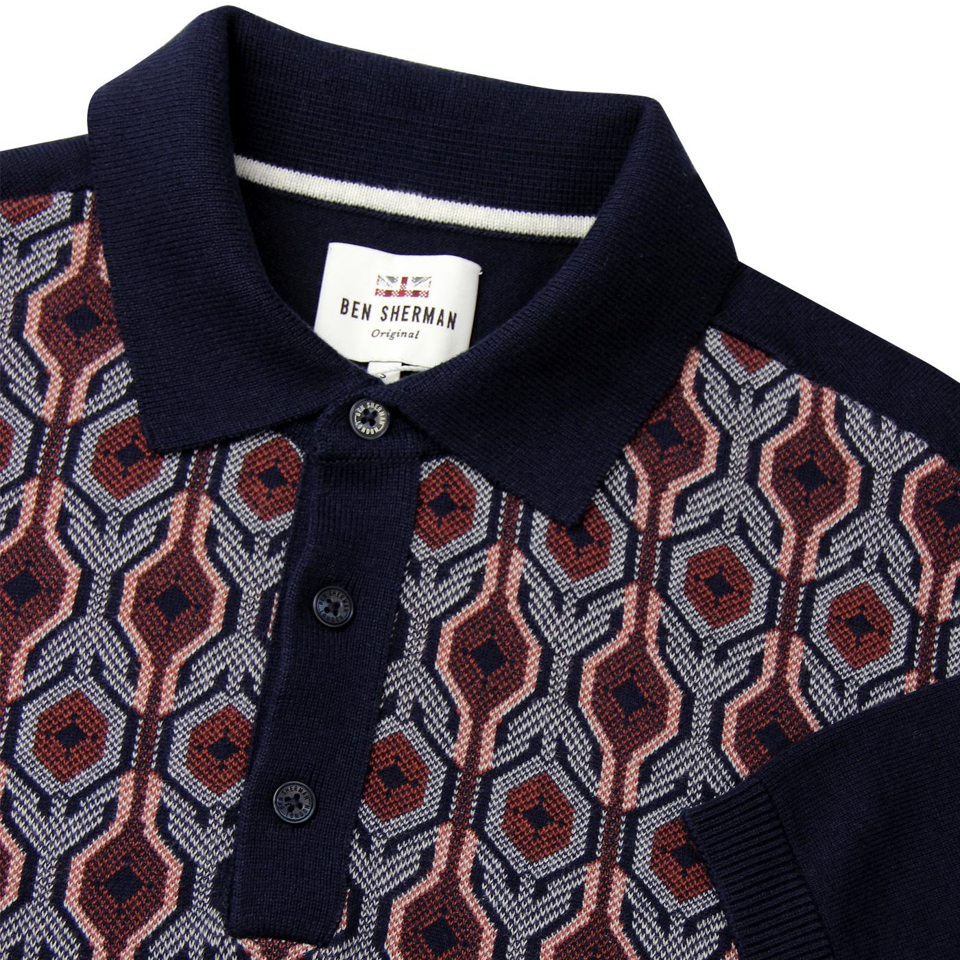 BEN SHERMAN Mod Birdseye Jacquard Knitted Polo in Navy