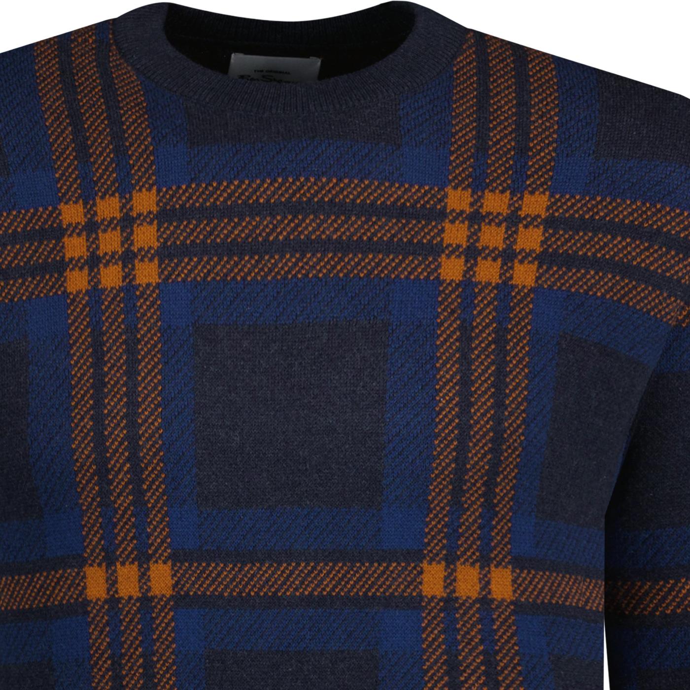 Ben Sherman Retro Jacquard Check Crew Neck Sweater Navy