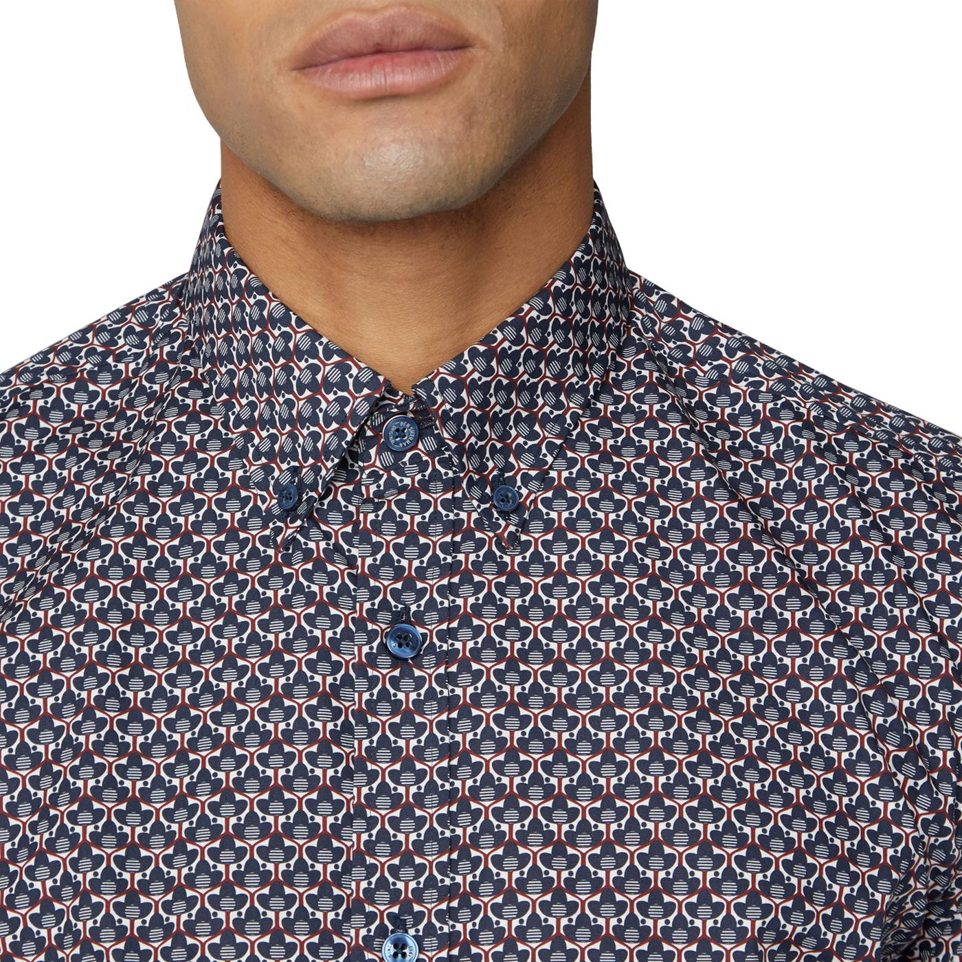 BEN SHERMAN Geo Op Art Floral Mod Button Down Shirt Navy