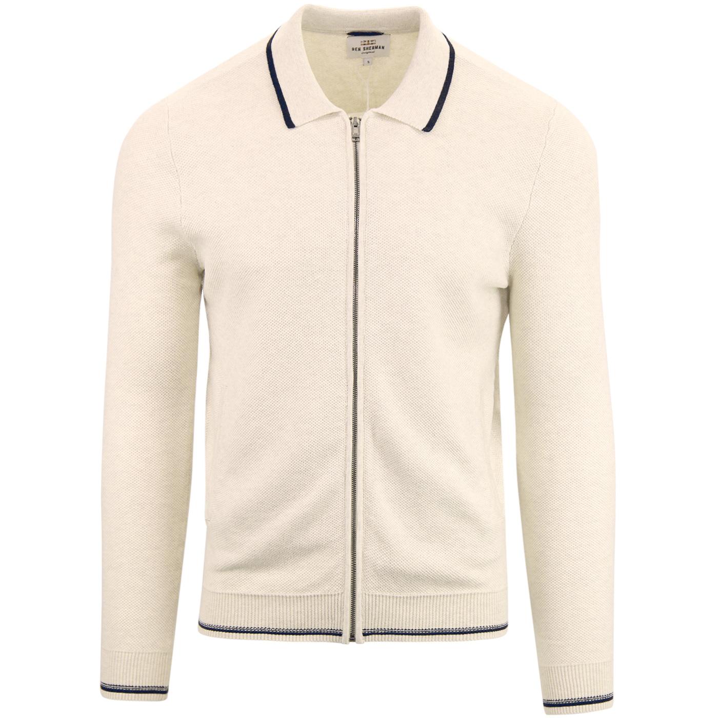 BEN SHERMAN Honeycomb Knit Polo Cardigan in Off White