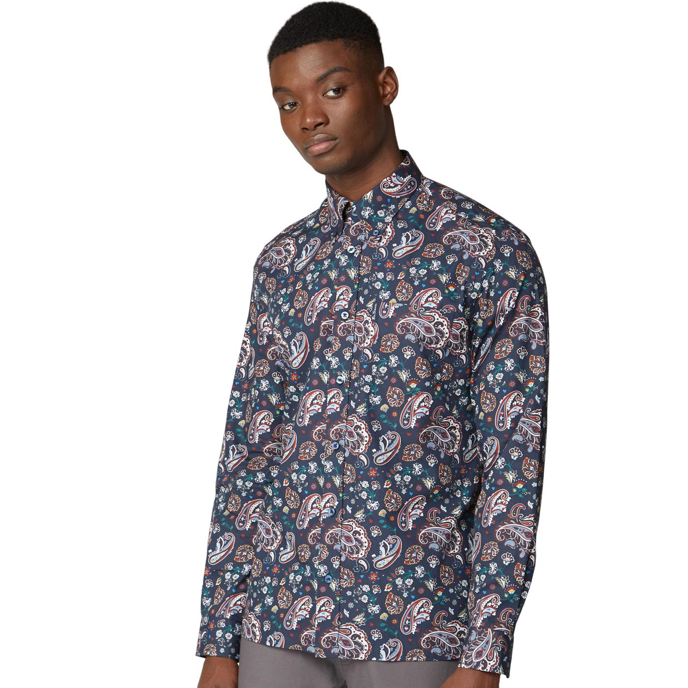 BEN SHERMAN 60s Mod Psychedelic Paisley Shirt Dark Navy