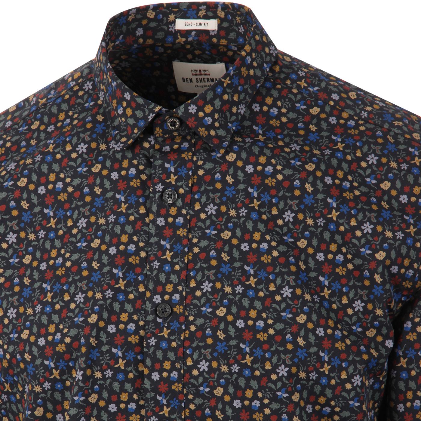 BEN SHERMAN Retro 60's Multi Floral Print Shirt in Midnight