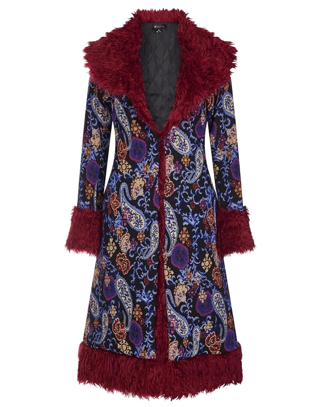BRIGHT AND BEAUTIFUL Nadia Retro 70s Paisley Coat with Fur Trim