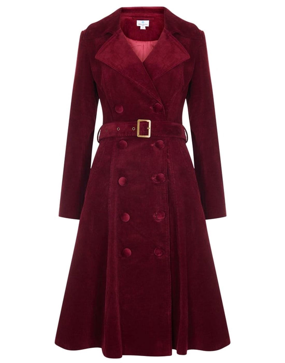 BRIGHT & BEAUTIFUL Sage 1960s Mod Belted Pin Cord Coat Burgundy