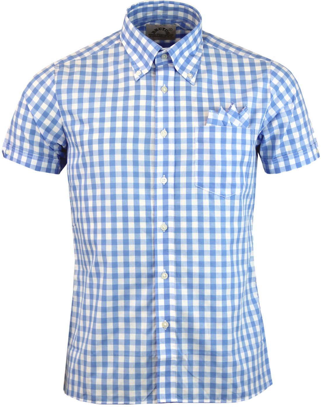 BRUTUS TRIMFIT Mod Button Down Large Gingham Check Shirt in Sky