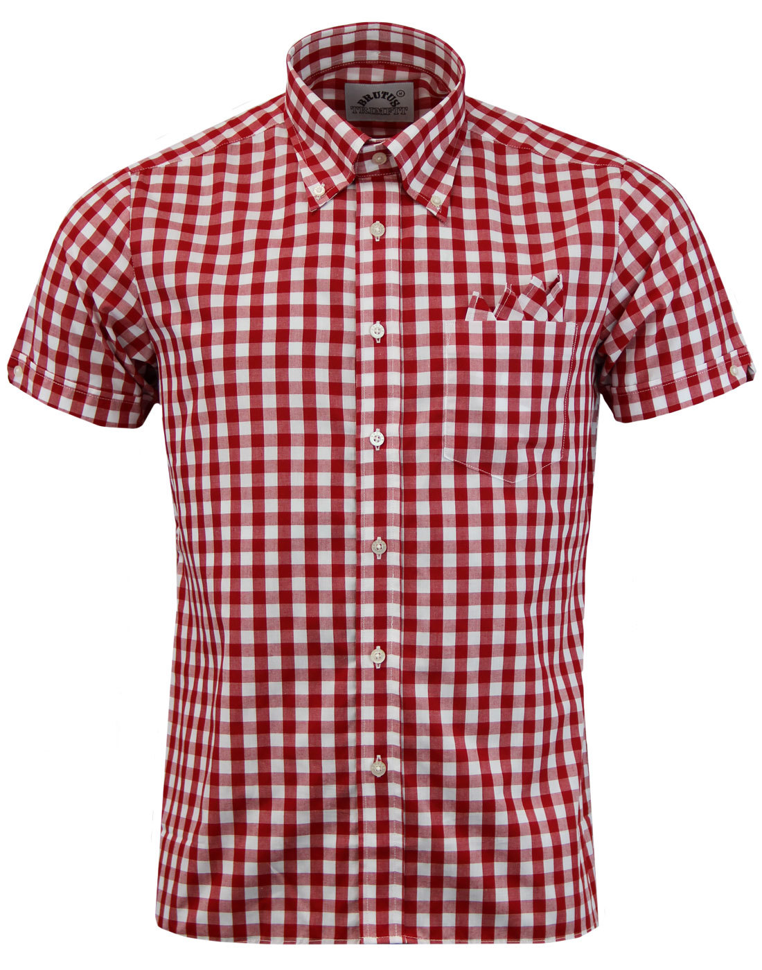 BRUTUS TRIMFIT Mod Button Down Large Gingham Check Shirt in Red