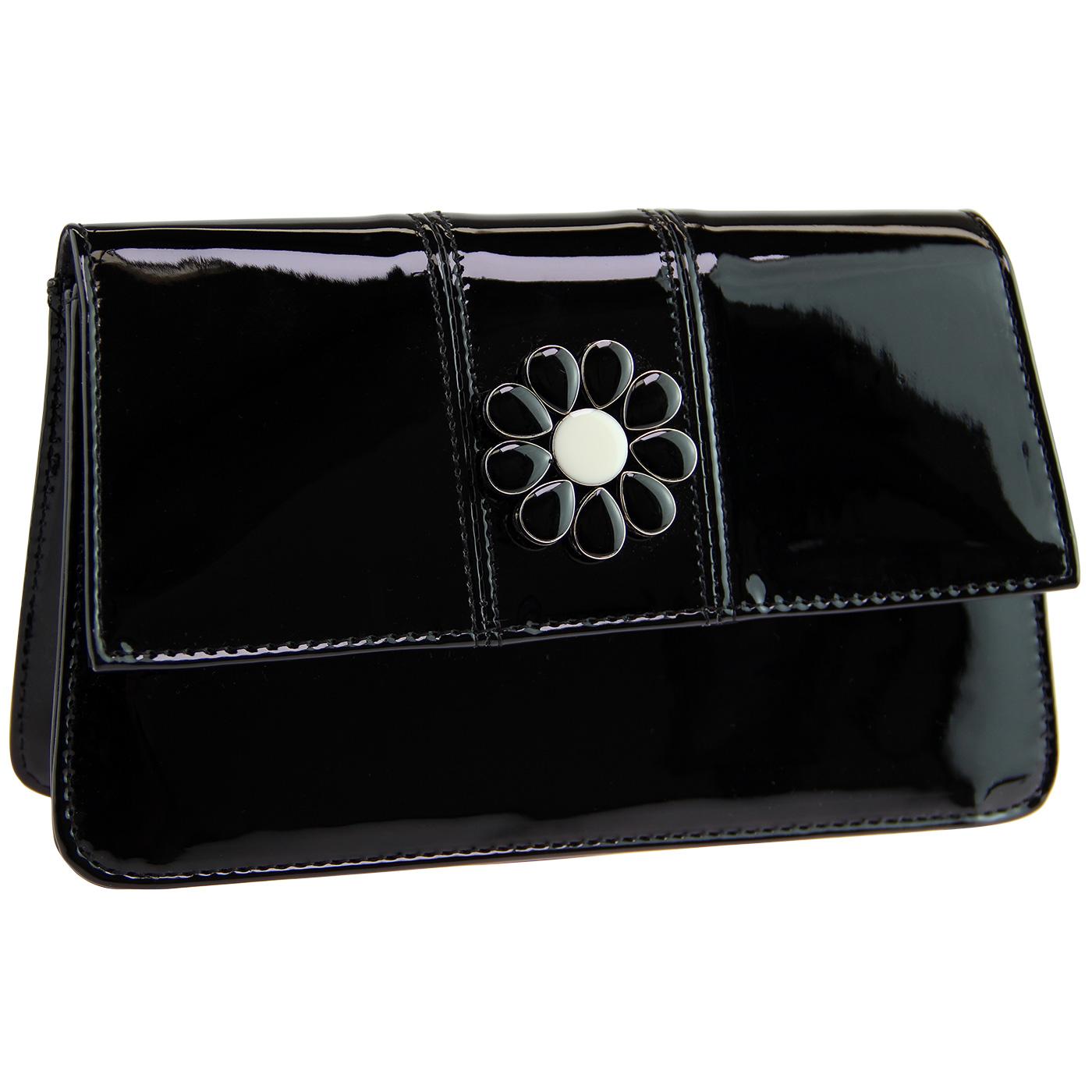 DARLING Cassie Retro 1960s Flower Broach Patent Handbag in Black