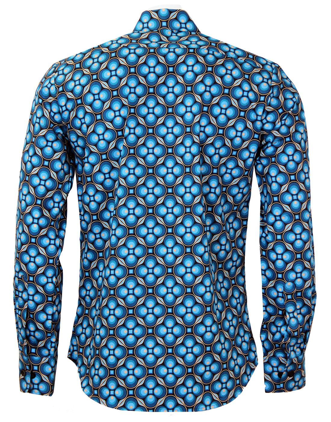 CHENASKI Dotsgrid Retro 1970s Mod Orb Print Shirt in Black/Blue