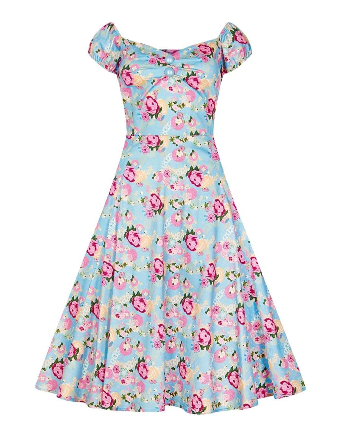 COLLECTIF Dolores Retro 50s Vintage Peony Floral Dress in Blue