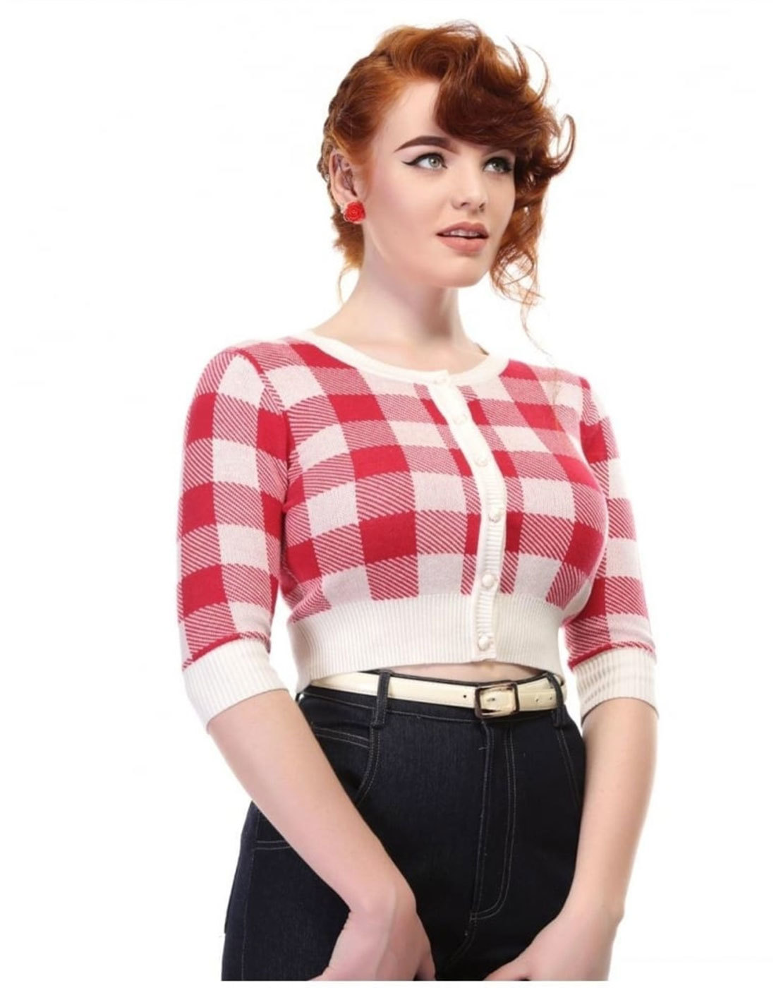 COLLECTIF Lucy Retro 1950s Vintage Gingham Cropped Cardigan Red