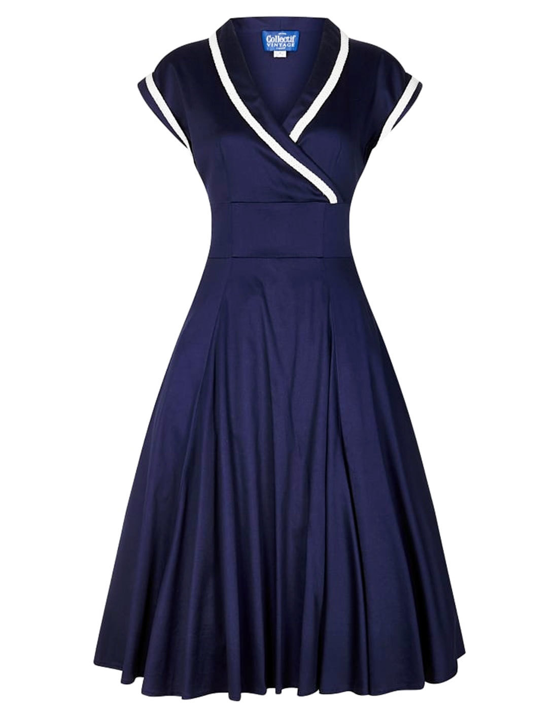 COLLECTIF Yoshima Vintage 1950s Crossover Front Swing Dress Navy