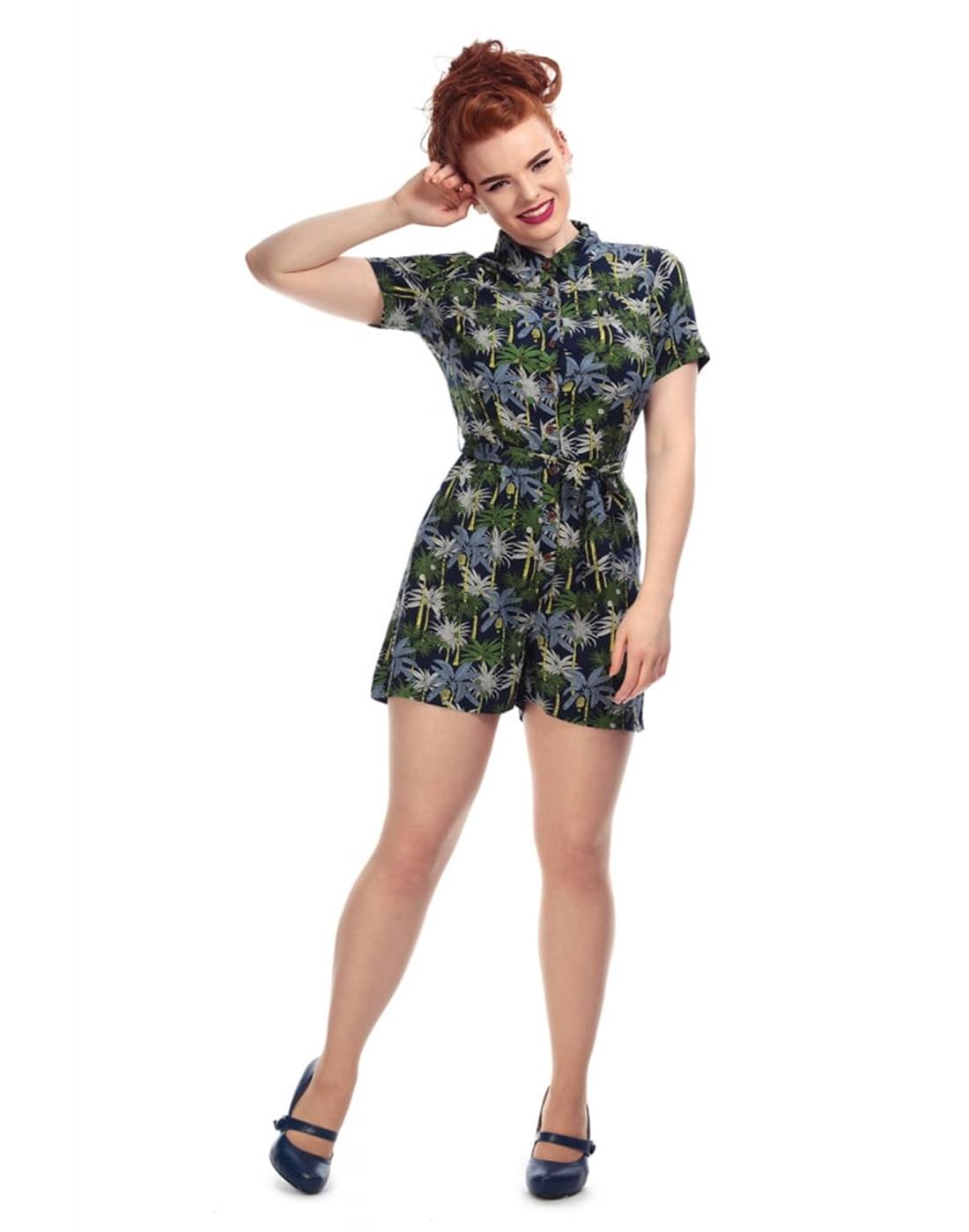 Collectif Clothing Womens Vintage Inspired Frou Palm Tree Print Short Sleeve Playsuit Romper 