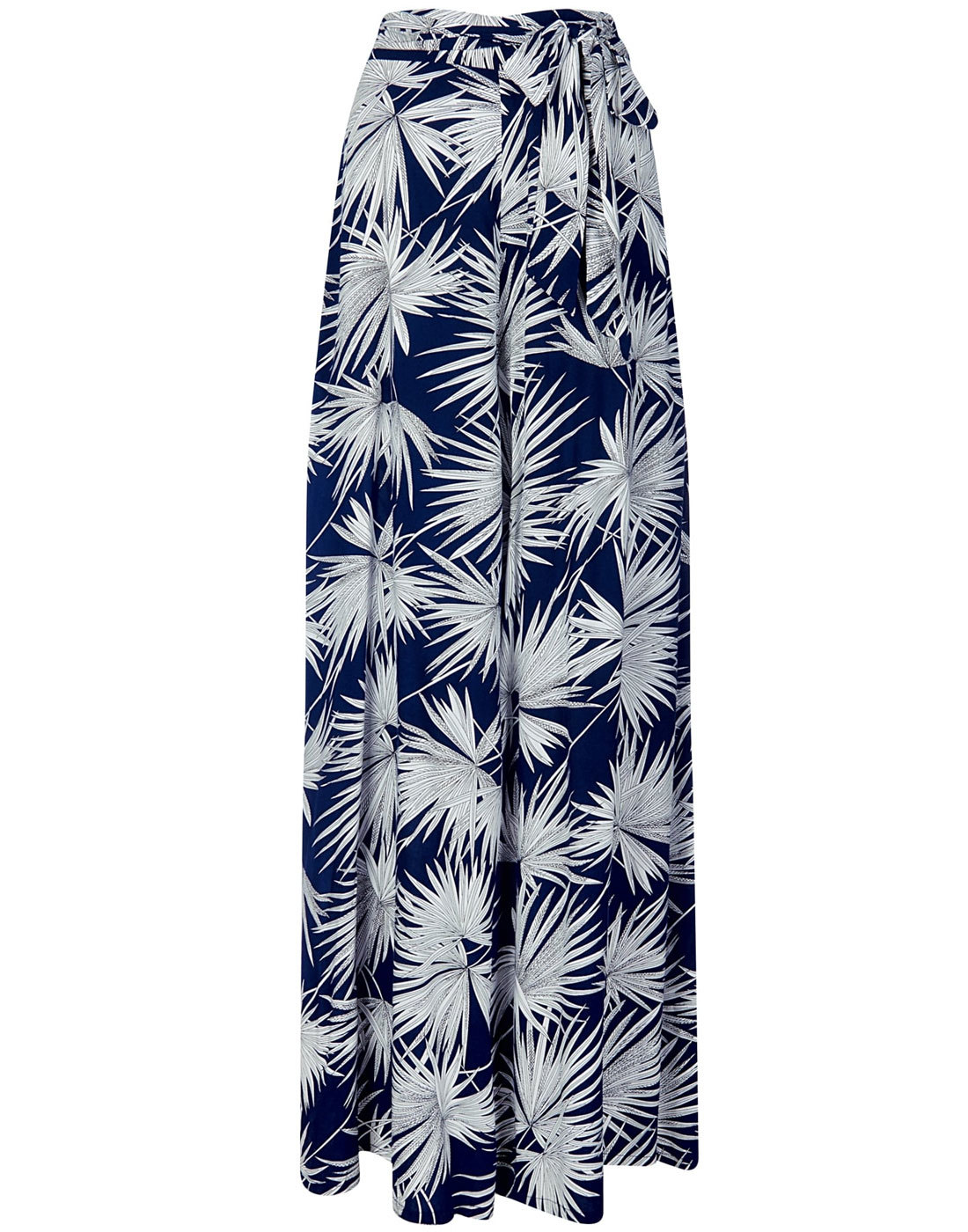 COLLECTIF Akiko Retro 1950s Palm Print Palazzo Trousers in Navy