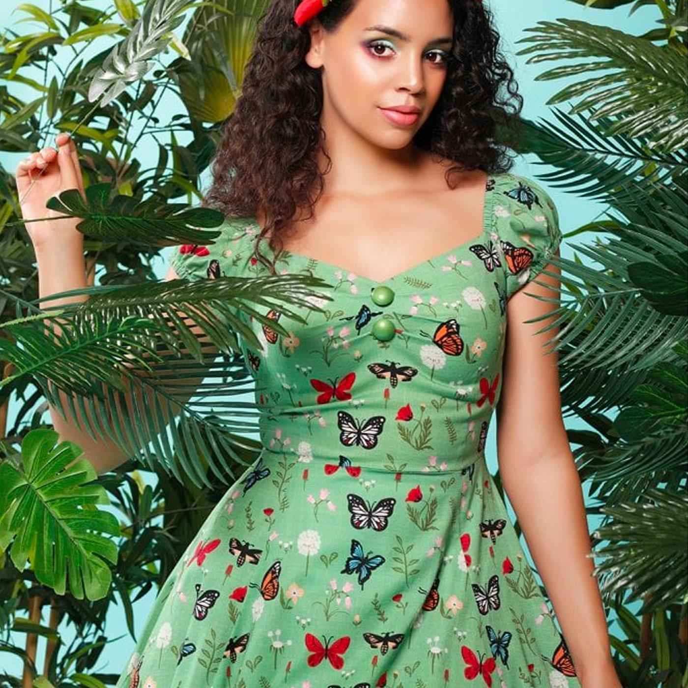COLLECTIF Dolores Vintage Butterfly Print Doll Dress In Green