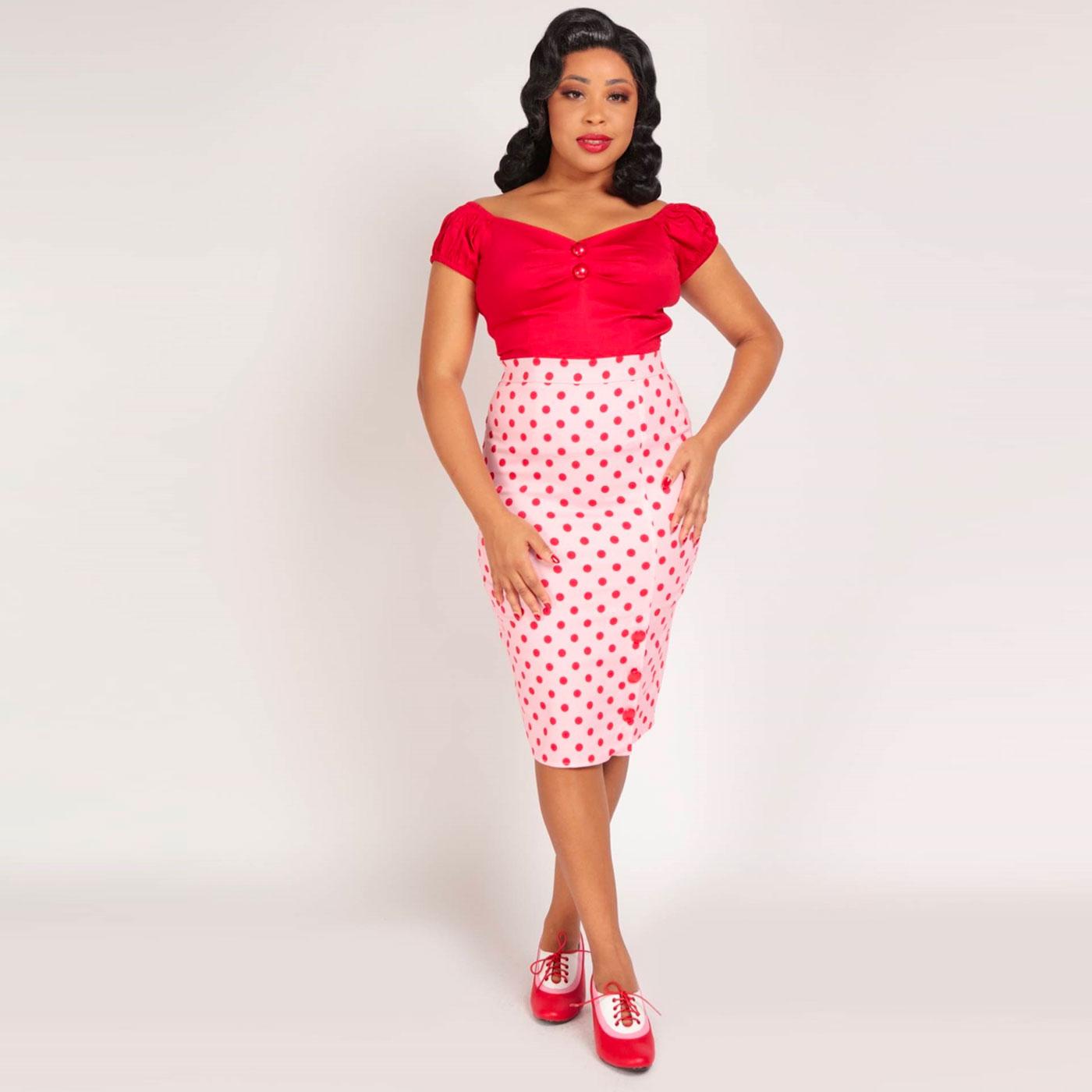 COLLECTIF Charlotte Retro Polka Dot Pencil Skirt in Pink