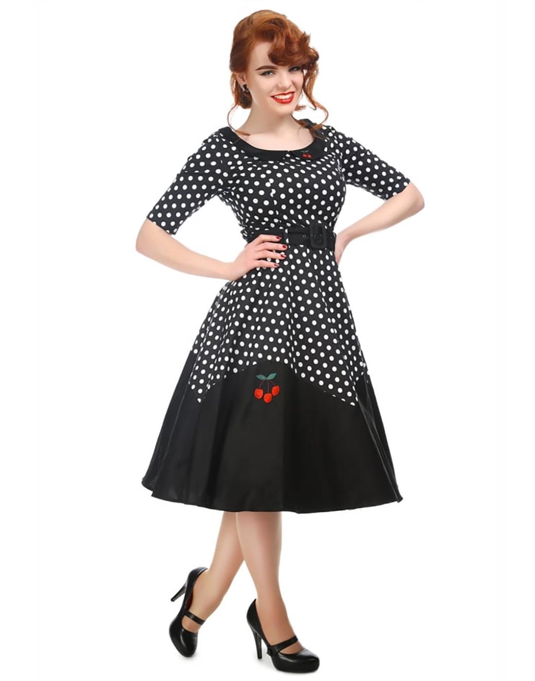 COLLECTIF Cherry Retro 50s Polka Dot Doll Dress in Black/White