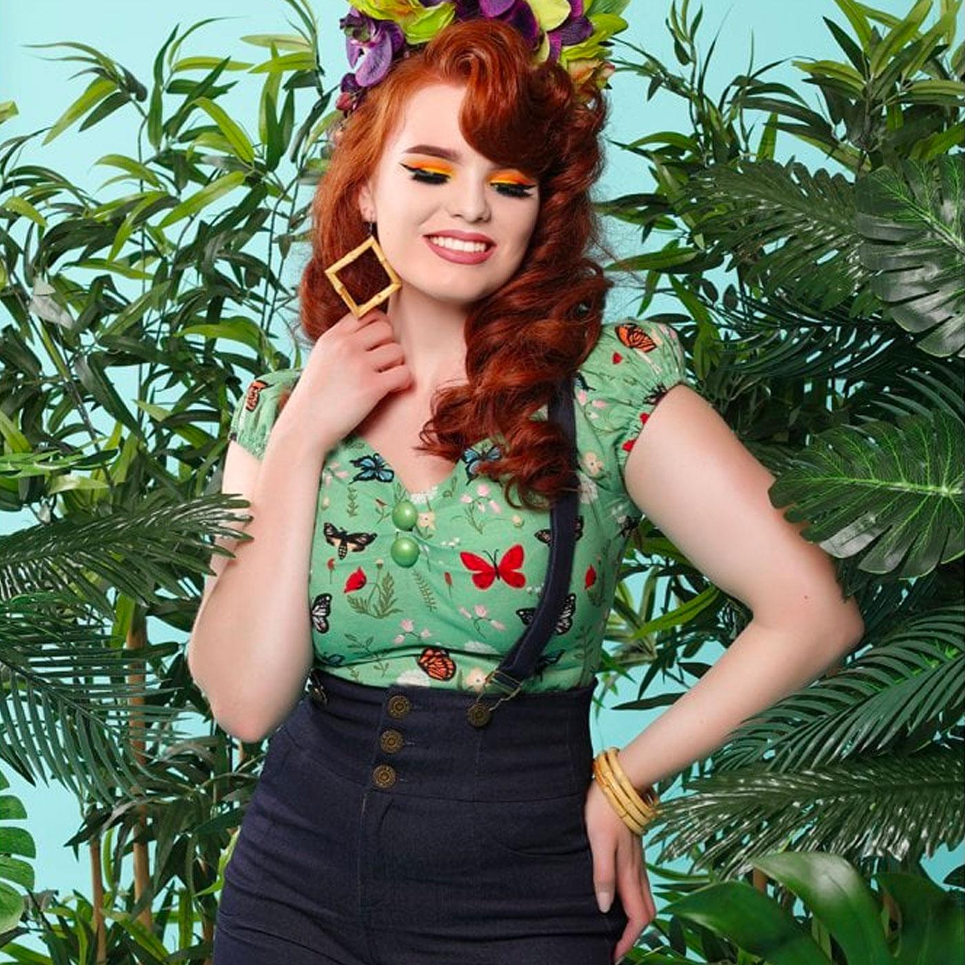 COLLECTIF Dolores Vintage Butterfly Printed Top Green
