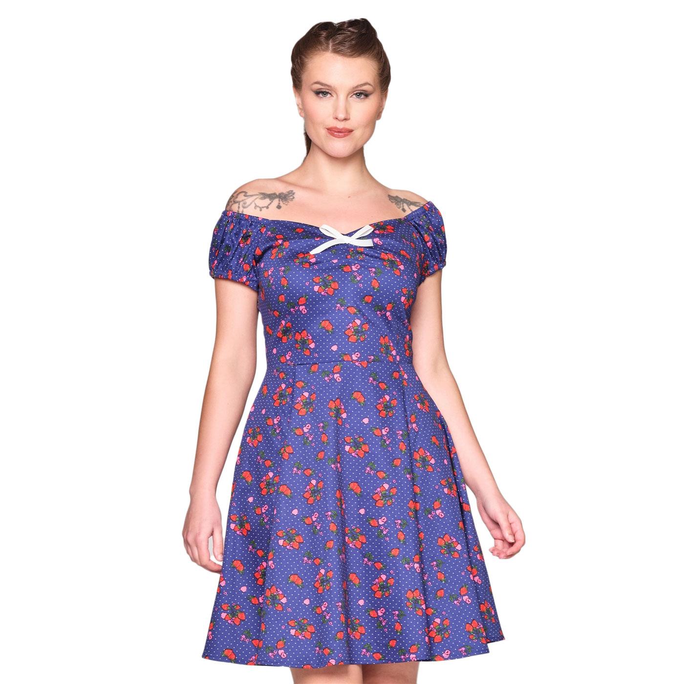 Collectif London Dolores Mixed Berries Retro Mini Dress in Navy