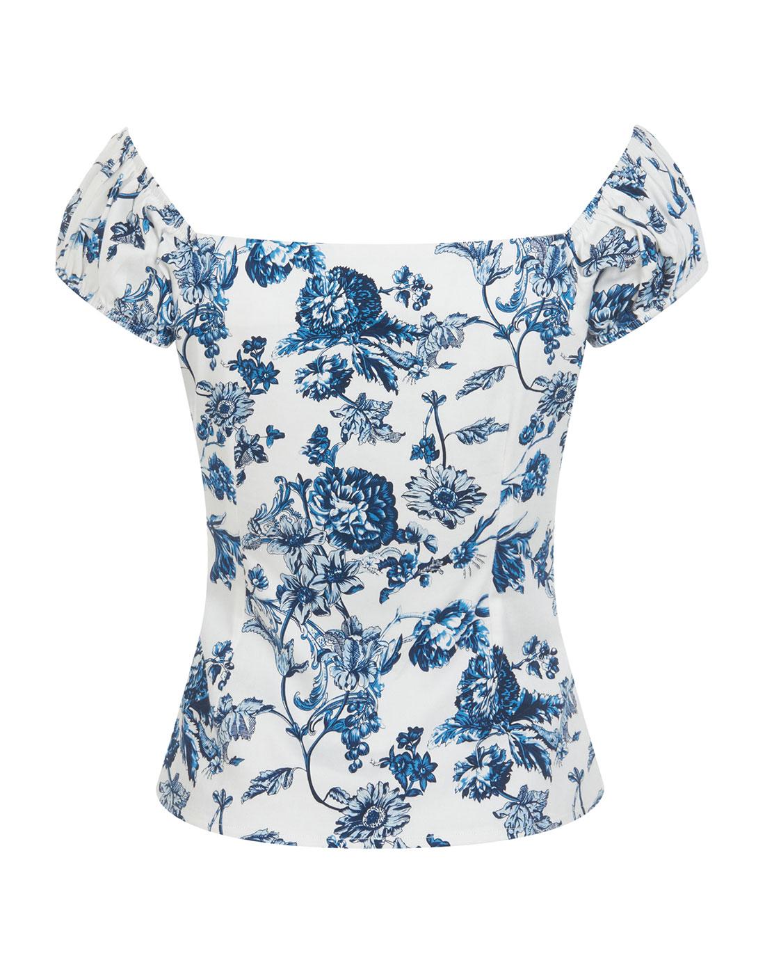 COLLECTIF Dolores Toile Retro 50s Floral Print Top in Blue