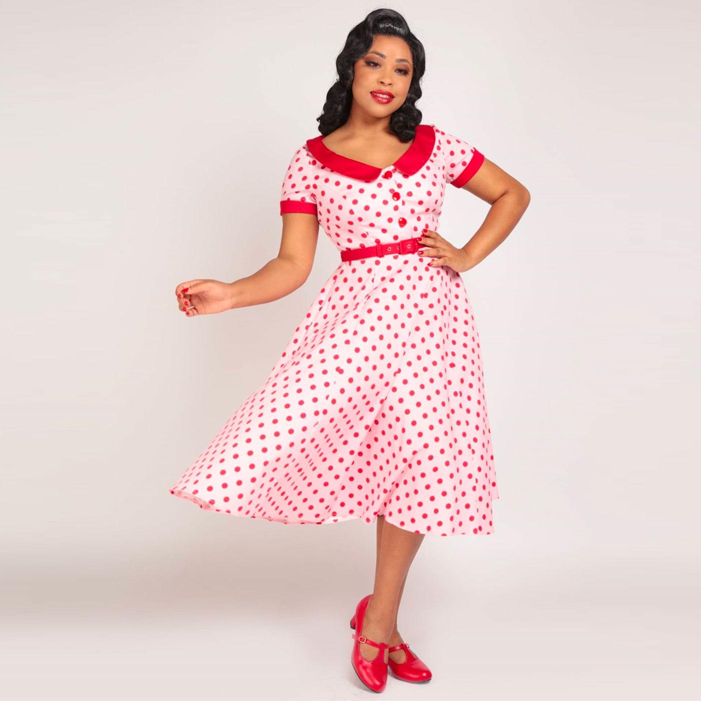 COLLECTIF Dora Retro 50s Polka Dot Swing Dress in Pink