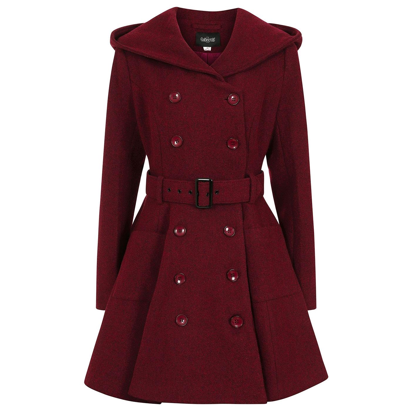 COLLECTIF Everleigh Retro 60s Hooded Skater Coat in Burgundy